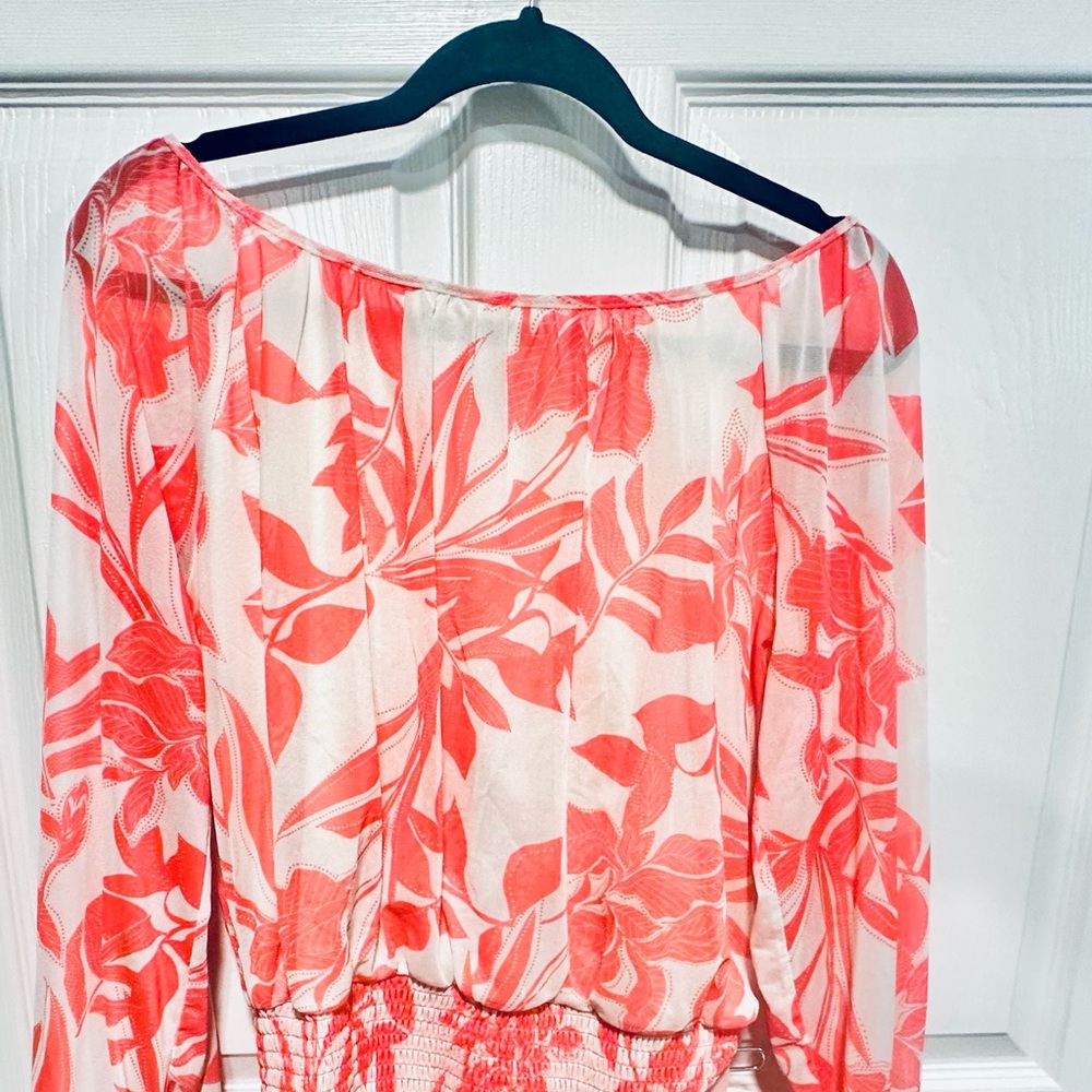 Harper 241 Spring Summer Palm Leaf Floral Top- White and Coral
